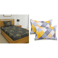 Cotton Single Bedsheet With 1 Pillow Cover + Pillowcase Set (2 Pcs) | 55 X 88 Inches, Yellow & Grey | Breathable & Wrinkle Free Bedsheet