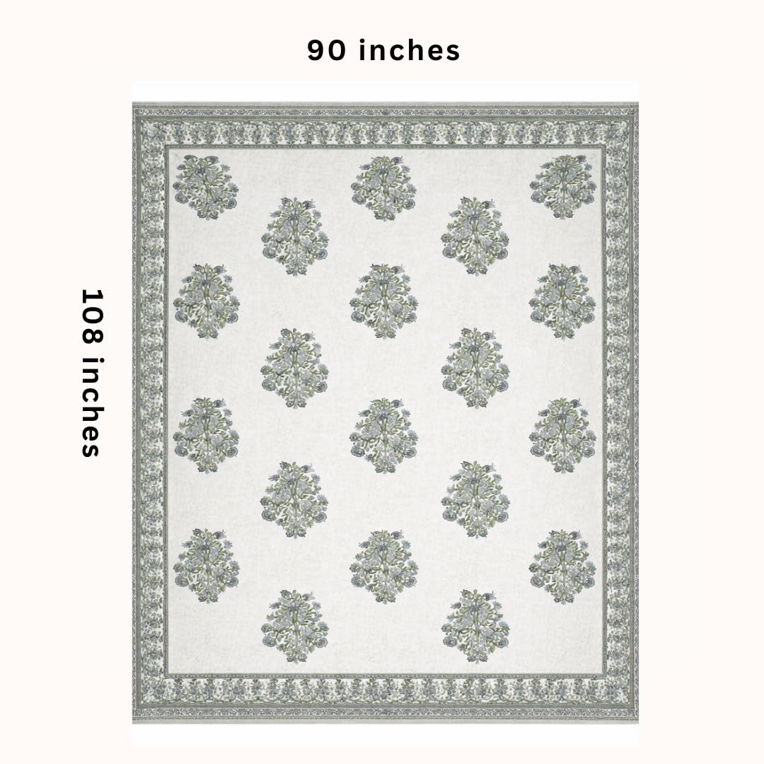 Hand Printed Cotton Bedsheet For King Size With 2 Pillow Covers | 90 X 108 Inches, White & Green | Ultra-Soft & Skin-Safe | Breathable Summer Comfort