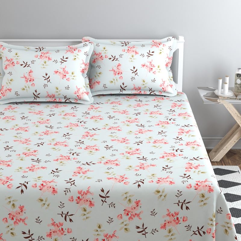 Cotton All Round Elastic Fitted Bedsheets For Double Bed With 2 King Size Pillow Covers | Size - 72 X 78 +10 Inches, Pink & Aqua | 220 TC Super Soft Wrinkle Free
