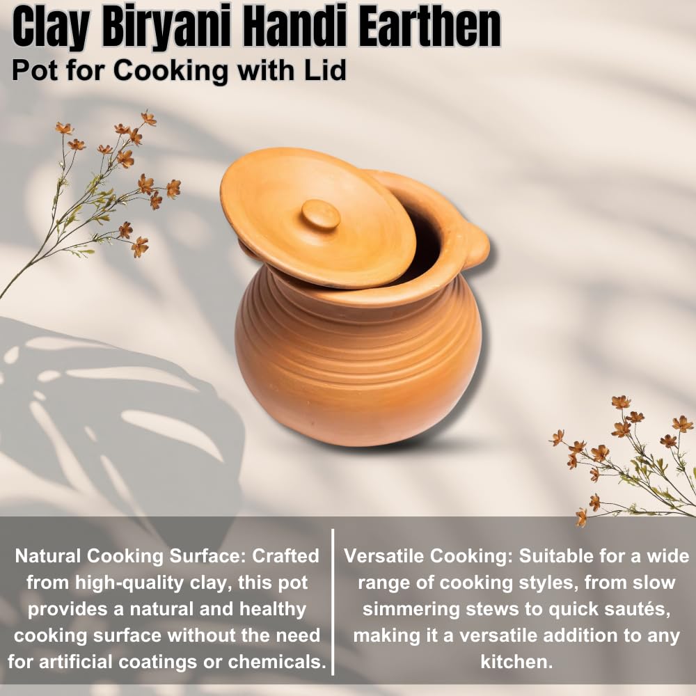 Unglazed Earthen Dahi Handi With Lid 2.5 Liters, Pack Of 2 - Red-Ochre (Gerua) | Curd Pot - Biryani Handi - Clay Pot With Lid | Also For Serving With Lid