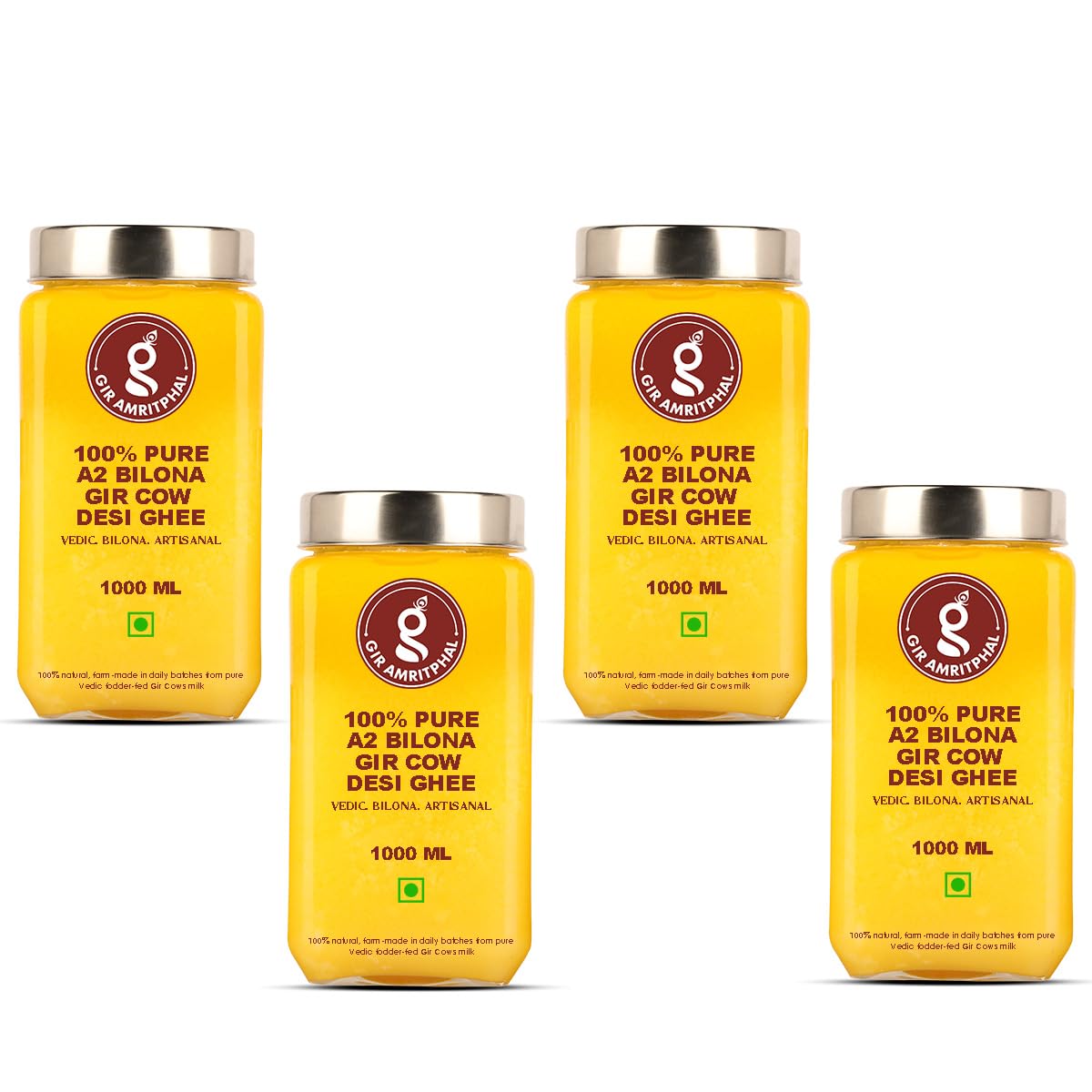 Premium A2 Bilona Gir Cow Desi Ghee By Gir Amritphal | Good Source Of Healthy Desi Cow Ghee For Laddus & Sweets | 4Litre (1 Litr * 4) 135.2 Ounce | Container Jar
