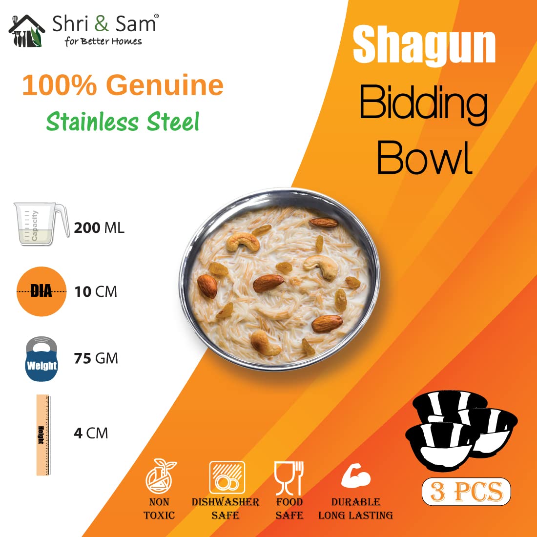 Stainless Steel Shagun Solid Dinner Set - 6 A Pcs, Silver | 3 Dinner Plates+ 3 Bowls - Easy To Care & Dishwasher Safe