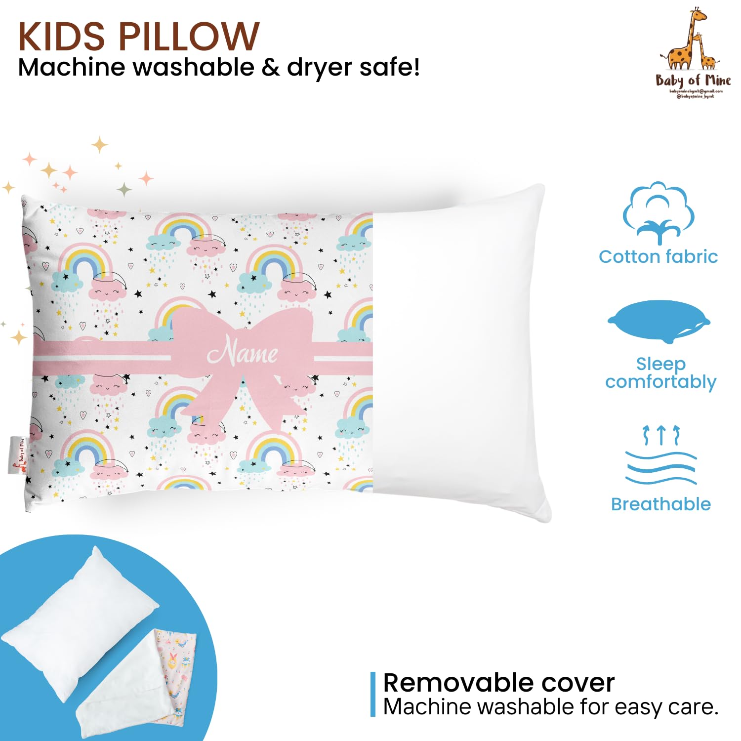 Personalized Pillow For Kids, Super Soft Cotton Kids Cushion - 12 X 18 Inches | Custom Name, For 5 Years Old Kids, Adorable Prints | For Head, Neck Support Baby Pillow - Pillow 17