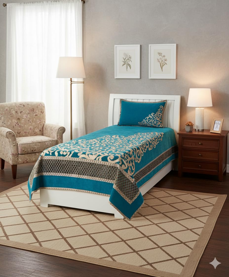 Floral Velvet Bedsheet For Single Bed With 1 Pillow Cover-60 X 90 Inches, Aqua & Beige | Bedsheet Provides A Soft & Comfortable Feel To Your Skin
