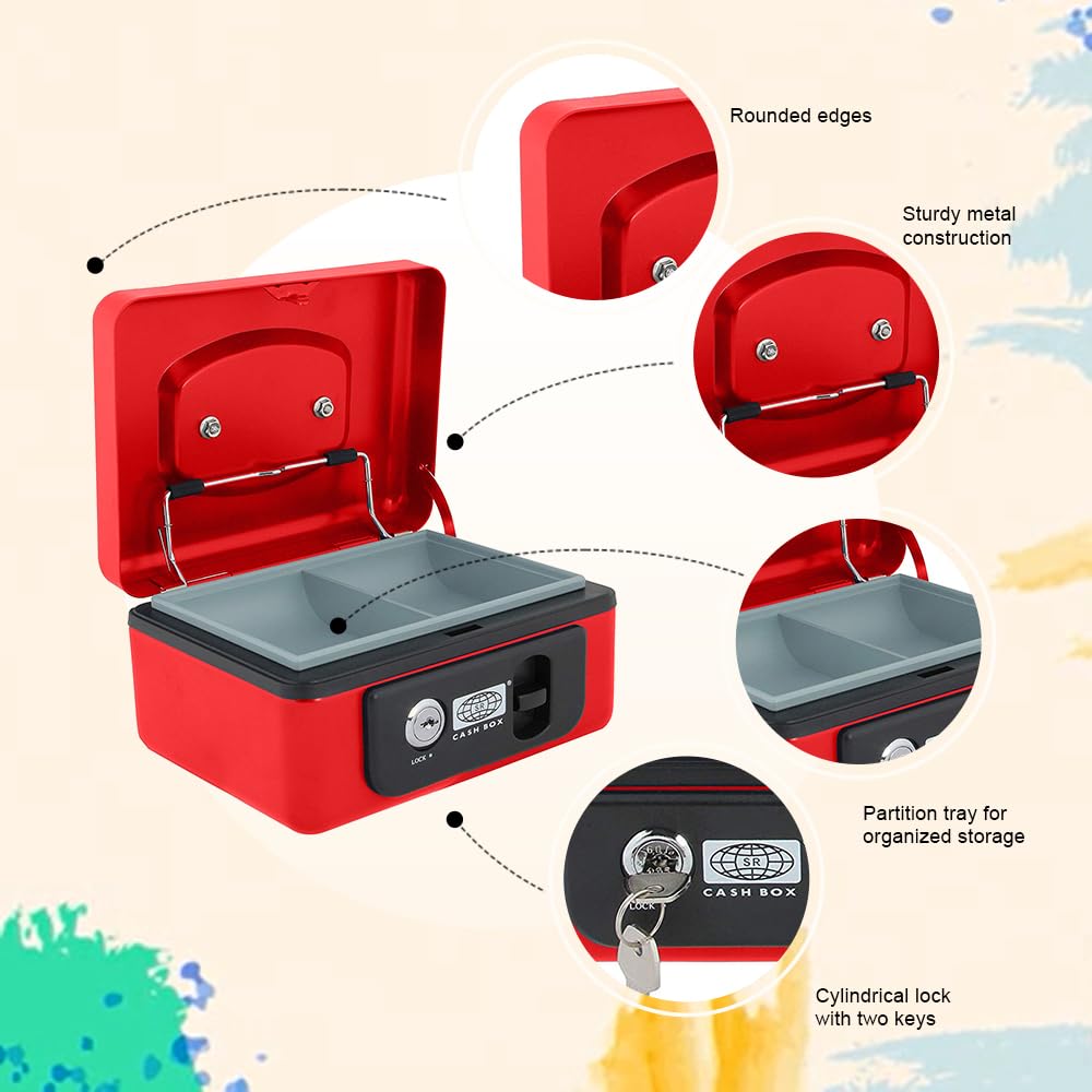 Imported Metal Cash Box With Dual Combination & Password Lock Large Size Money Box For Cash, Jewellery Safe Locker With Removable Plastic Coin Tray, Colour - Red, Material - Metal