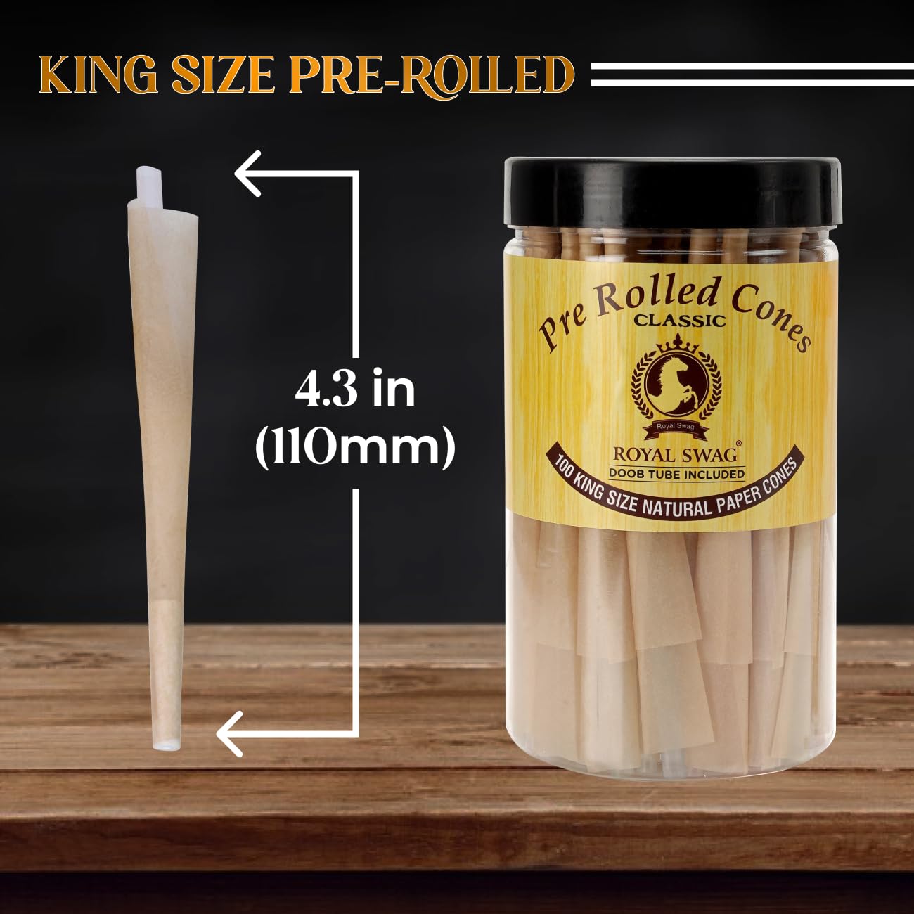 Royal Swag Pre-Rolled Cones Classic King Size Rolling Papers With Filter Tips - 110mm Long Cones Party Pack - 100 Count Ready To Use Cones - Includes Fiber Doob Tube Reusable