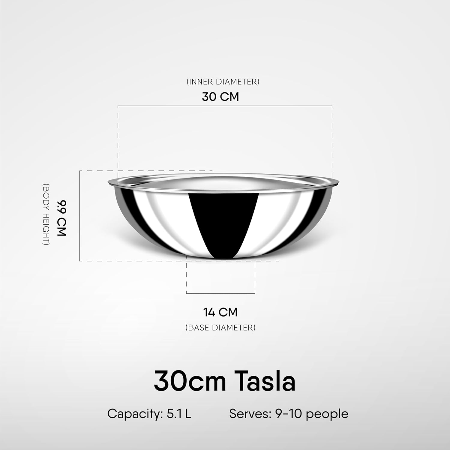 Artisan Triply Stainless Steel Tasla With Lid | Without Handle Kadai 5.1 Liters, 30cm - Induction Base