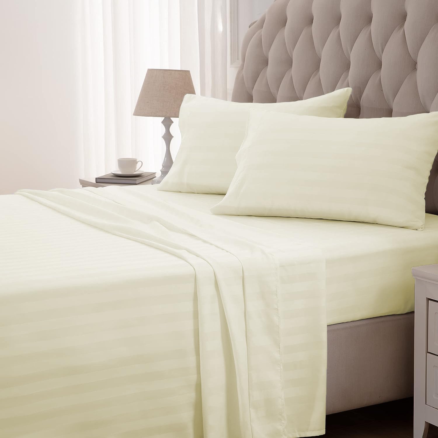 Striped Cotton Queen Size Fitted Bedsheet With 2 Pillow Covers - 60 X 80 + 12 Inches, Ivory | Soft & Durable | Perfect For All Seasons, Especially Summer