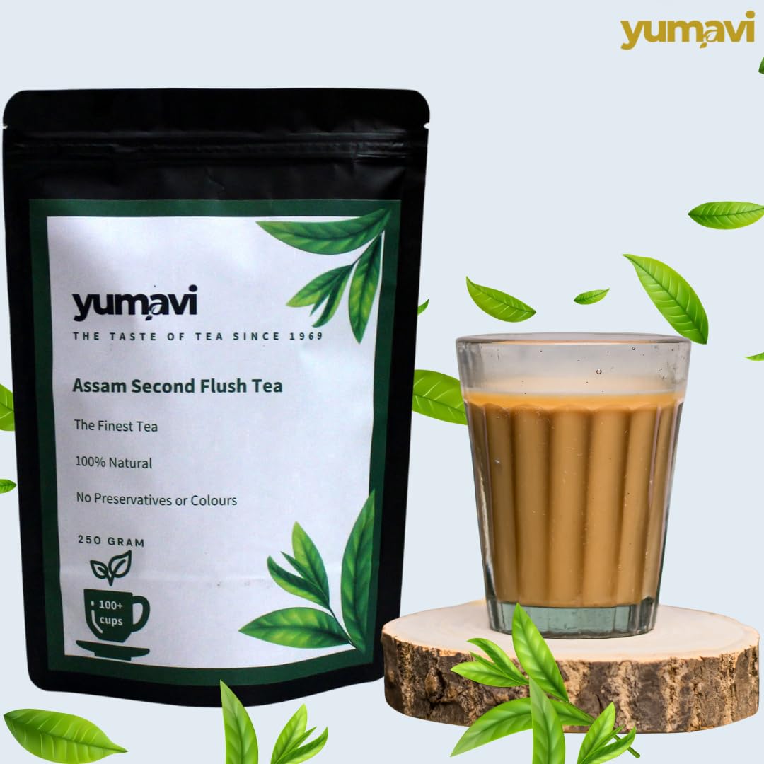 Yumavi Assam Second Flush CTC Tea With Long Leaves - Pack Of 2 X 250gm, 8.8 Ounce Each, 100+ Cups | Aromatic & Refreshing Kadak Chai - No Preservatives Or Colors, Medium Caffeine
