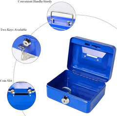 Metal Cash Box With Money Tray, Small Cash Box With Key Lock, Money Slot, Money Coin Safe Security Box Household For Home Office Hotel Business Use, Colour - Blue