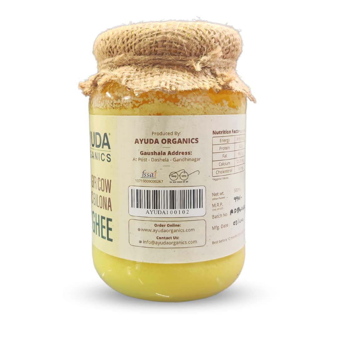 Organic Pure A2 Desi Cow Ghee By Ayuda Organics | Traditional Homemade Curd Churned Healthy Desi Ghee Good For Boost Energy | (500ml) 16.9 Ounce | Jar Pack