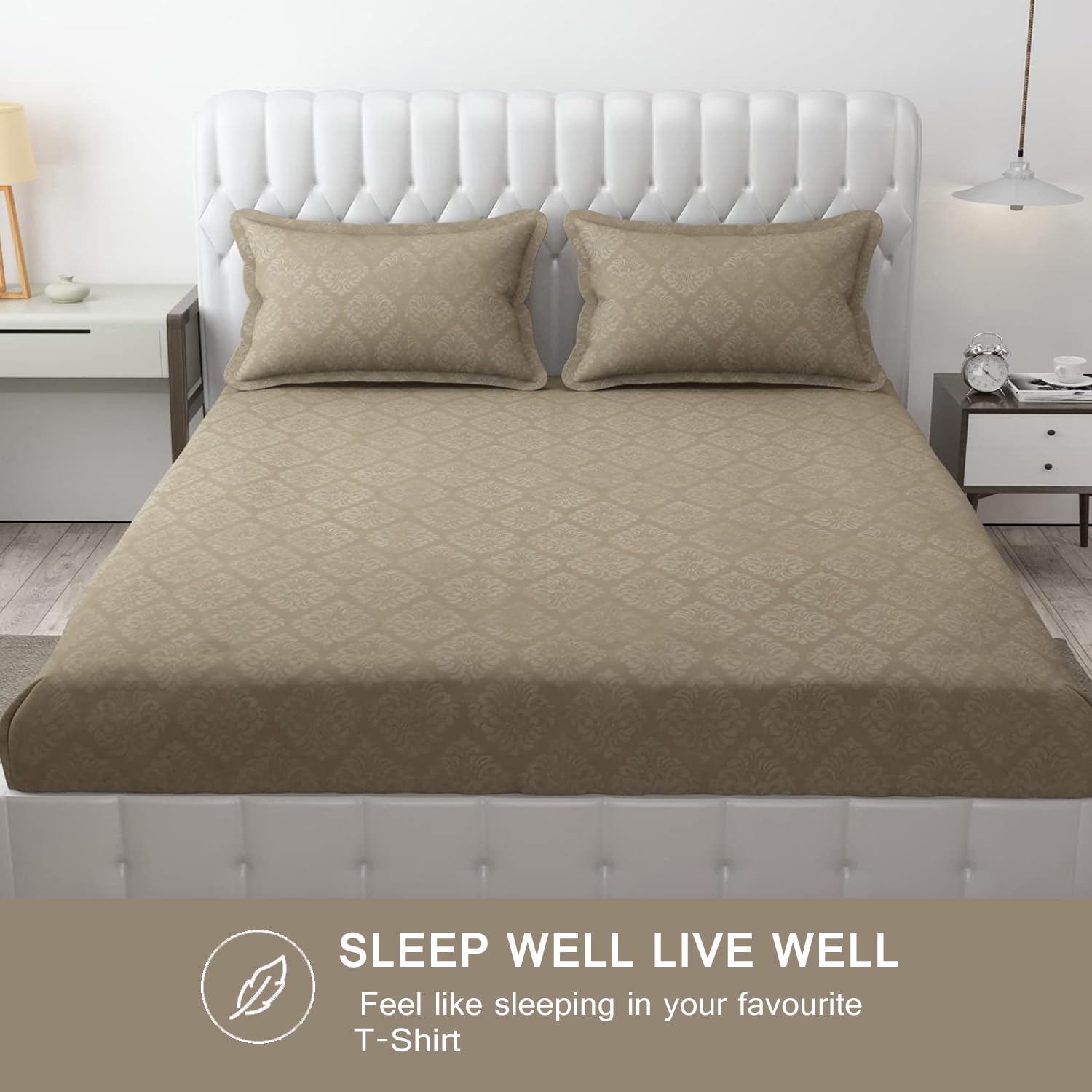 144 TC Rotary Printed King Size Bedsheet With 2 Pillow Covers - 90 X 95 Inches | Dark Beige, Damas Design Bedsheet | Machine Washable & Wrinkle Resistant