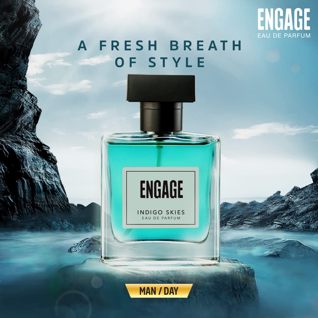 Engage Indigo Skies Eau De Parfum 100ml 3.4 Fl.oz. For Men | Long Lasting , Fresh & Earthy Fragrance , For Everyday Use , Gift For Men , Free Tester With Pack