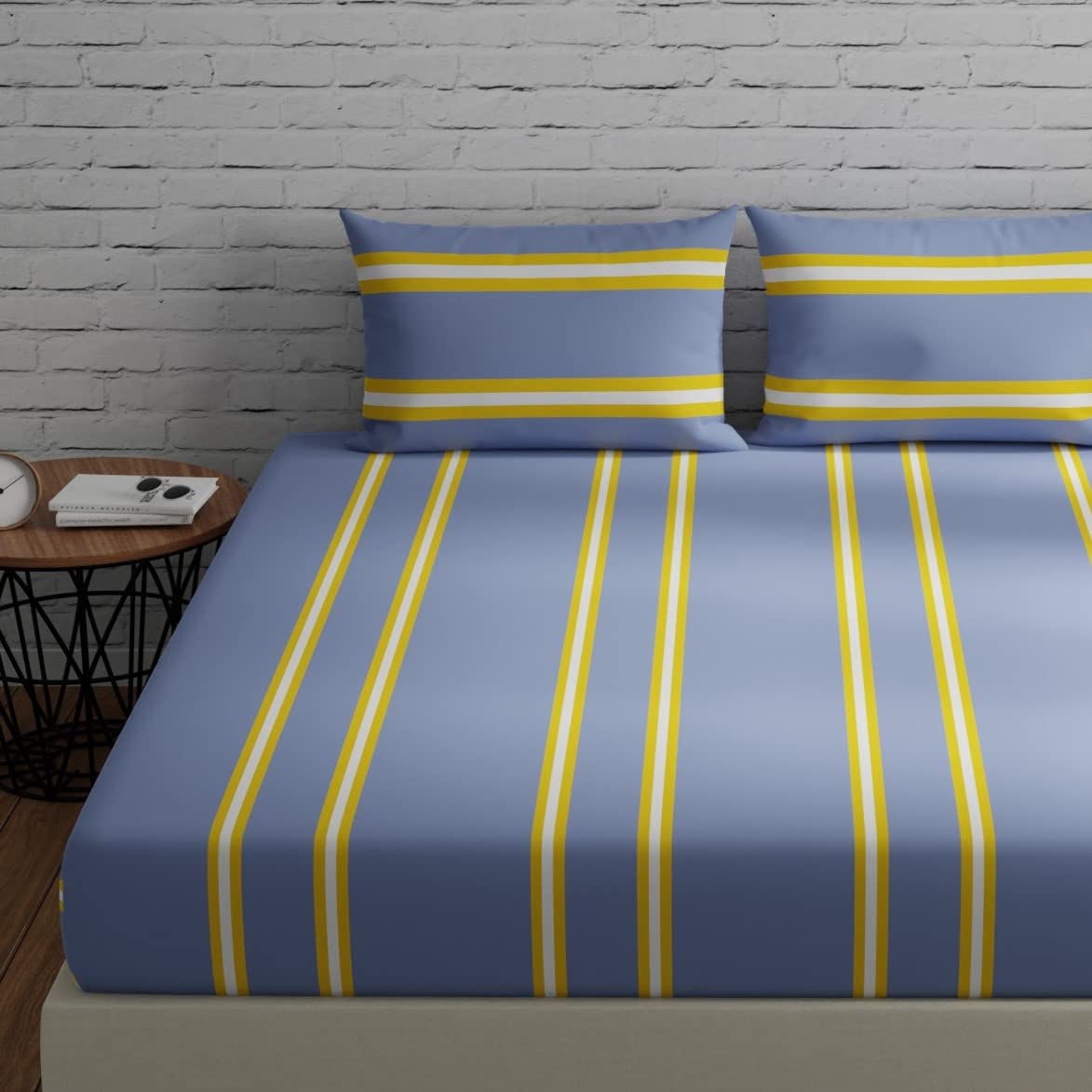 Bedsheets For King Size Bed With 2 Pillow Covers - 108 X 108 Inches, Striped Grey & Yellow | Perfect For Home Decor & Gifts | 144 Thread Count