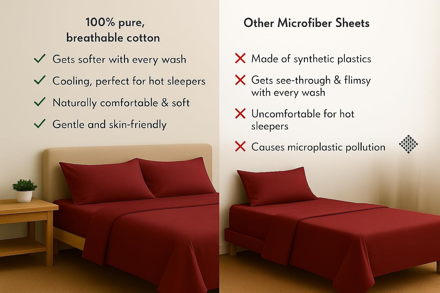 Double Bedsheet For Queen Size With 2 Matching Pillow Cover - 90 X 100 Inches, Burgundy | Breathable & Durable, Soft Touch & Perfect For All Seasons