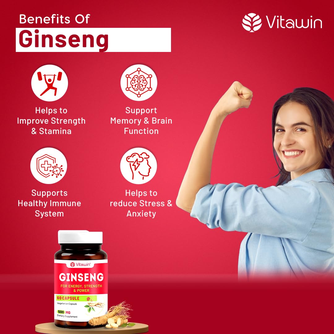 Vitawin Ginseng Capsules 500mg Ultimate Health & Nutrition Supplements For Rejuvanation, Strength, Stamina & Energy | 60 Capsules 100gm 0.2lbs
