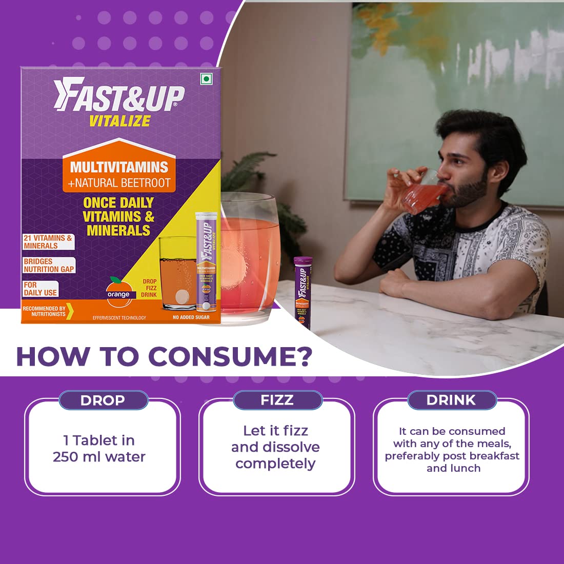 Fast&up Vitalize Immunity Essential Multivitamin For Men & Women - 21 Vital Vitamins & Minerals With Vitamin C, D & Zinc For Daily Health | Orange Flavor , 60 Effervescent Tablets , 200gm 0.4lbs