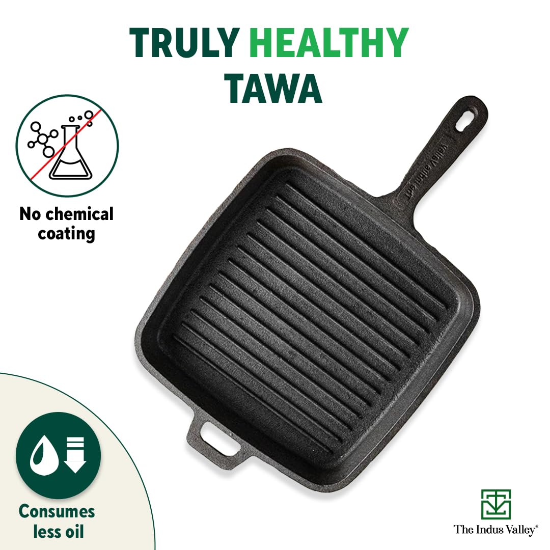 Pre-Seasoned Black Cast Iron Grill Pan With Long Handle & Silicon Grip - Medium, 25 Cm, 9.8 Inch, 1.5 Ltr, 3.4 Kg | Induction Friendly, 100% Pure & Toxin-Free, No Chemical Coating