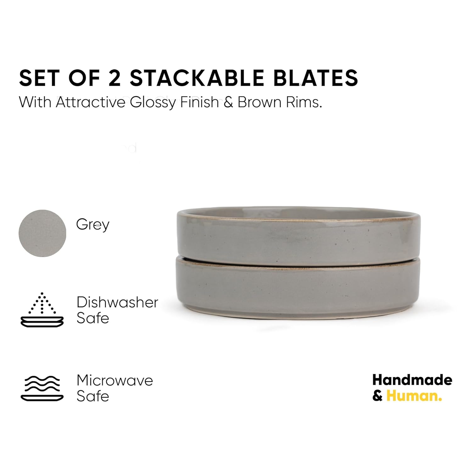 Stackable Ceramic Pasta Bowl Set Of 2 Pieces - 22cm, Grey Speckle | Ceramic Pasta Plate With Matte Finish | Deep Plate - Ceramic Bowl | Pasta Serving Plate