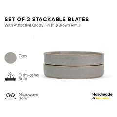 Stackable Ceramic Pasta Bowl Set Of 2 Pieces - 22cm, Grey Speckle | Ceramic Pasta Plate With Matte Finish | Deep Plate - Ceramic Bowl | Pasta Serving Plate