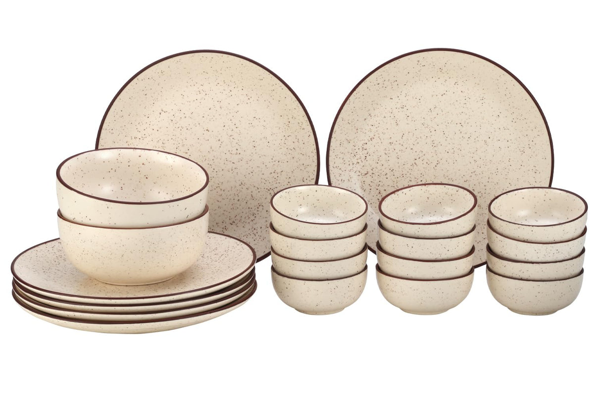 Handcrafted Ceramic Stoneware Dinner Set Of 20 Pcs With Serving Bowl Set - Beige Speckled | 6 Dinner Plates, 10.6 Inch Each + 12 Small Dinner Bowl, 170ml Each+ 2 Serving Bowl, 1000ml Each