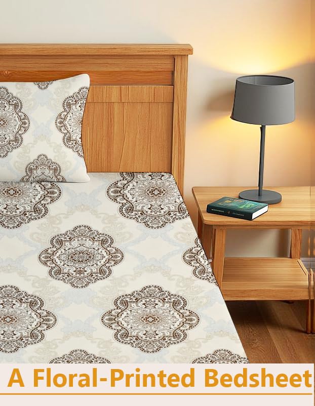 Printed Bedsheet For Single Bed With 1 Pillow Cover - 60 X 90 Inches, Beige & Brown | Super Soft - Glace Cotton Breathable & Wrinkle Free - 2 Pcs Set