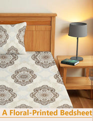Printed Bedsheet For Single Bed With 1 Pillow Cover - 60 X 90 Inches, Beige & Brown | Super Soft - Glace Cotton Breathable & Wrinkle Free - 2 Pcs Set