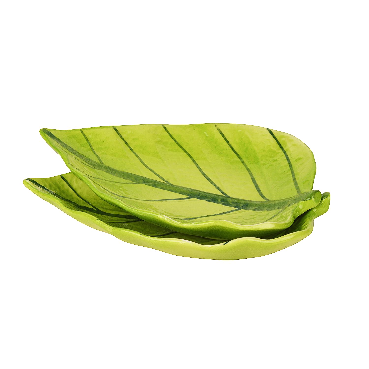 Handcrafted Ceramic Leaf Shaped Platter Set Of 2 - Light Green, L X B: 18 Cm X 14 Cm | Snacks Serving Tray - Dry Fruits Serving Plates