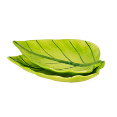 Handcrafted Ceramic Leaf Shaped Platter Set Of 2 - Light Green, L X B: 18 Cm X 14 Cm | Snacks Serving Tray - Dry Fruits Serving Plates