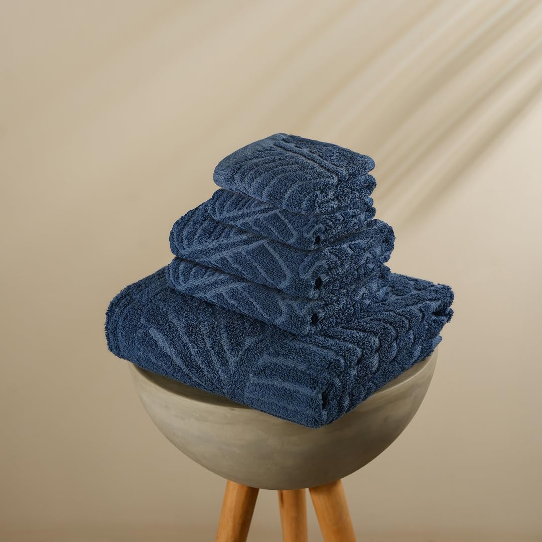 Musa Banana Terry Towel 1400 Gsm 1 Bath, 2 Hand & 2 Face Towels With Free Bag 900 Gsm | Terry Towels For Bath Large Size (Midnight Blue) -Set Of 5
