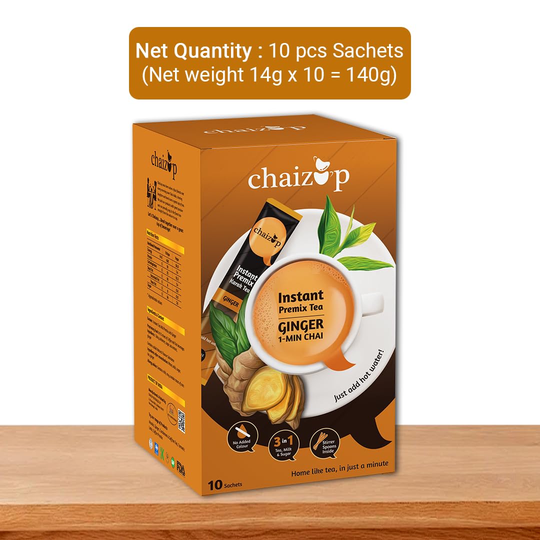 Chaizup Premium 1 Min Instant Premix Assorted Tea Pack - 20 Sachets | Cardamom + Ginger Flavors - 2 Packs, 10 Flavors Each | Low Caffeine Home Like Tea