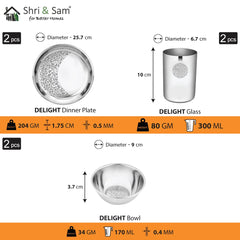 Designer Stainless Steel Delight Laser Bloom Dinner Set Of 12 Pieces, Silver | 2 Dinner Plates+ 2 Glasses+ 2 Bowls+ 2 Pudding Bowls+ 2 Dessert Spoons+ 2 Tea Spoons