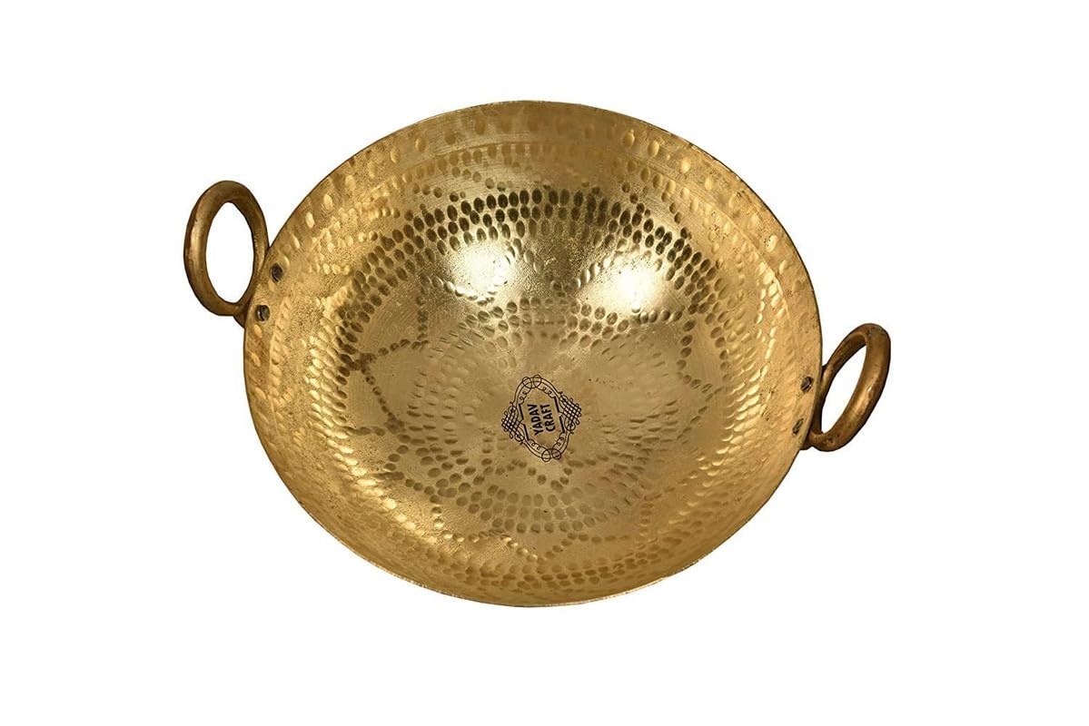 Golden Brass Pital Kadhai Heavy Weight Serving Kadhai - Kadai Cookware, 3 Liters - 12 X24 X8 Centimeters | Non-Toxic