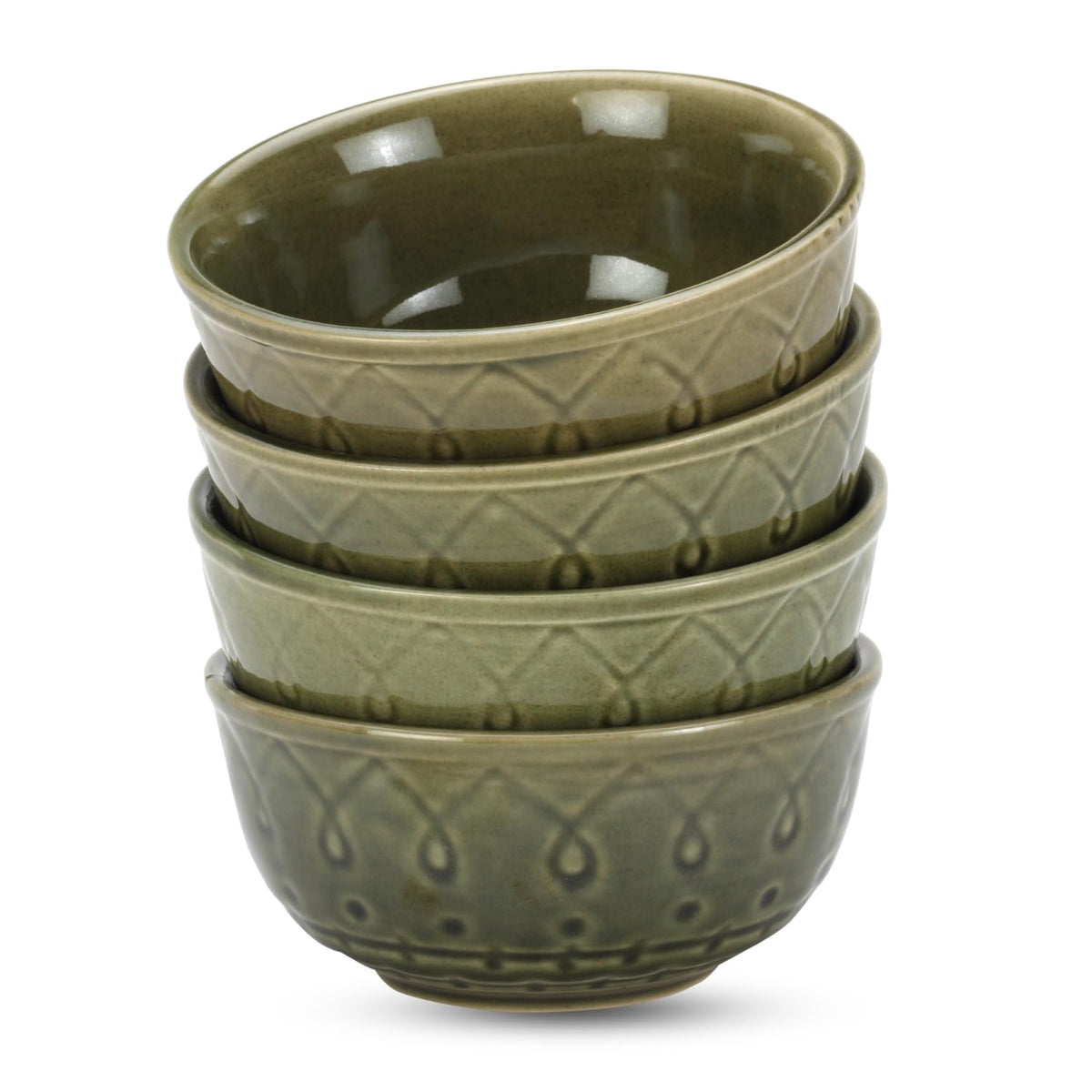 Ceramic Hand Glazed Stoneware Embossed Dinner Katori Set Of 4 - 180ml Each, Moss Green | Microwave Safe & Dishwasher Safe - Small Serving Bowl Set