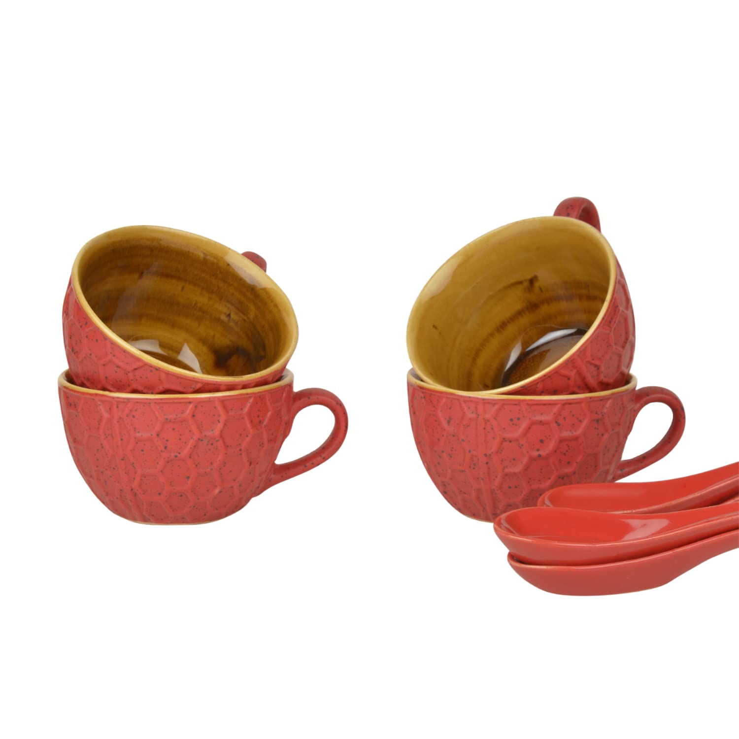 Studio Pottery Ceramic Soup Cups With Spoons, Set Of 4 - Red & Yellow, 310ml Each | Cereal Cups - Maggi Serving Bowls