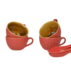 Studio Pottery Ceramic Soup Cups With Spoons, Set Of 4 - Red & Yellow, 310ml Each | Cereal Cups - Maggi Serving Bowls