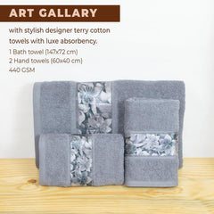 Rangoli 100% Cotton Fibre 1 Bath & 2 Hand Towels 900 Gsm | Highly Durable & Absorbent With Printed Border | Quick Drying Towels (Grey)