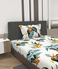 Printed Single Bedsheet With Pillow Covers - 36 X 78 Inches, White | Cotton Feel All Around Premium Elastic Fitted Bedsheet Ideal For Bedroom Style