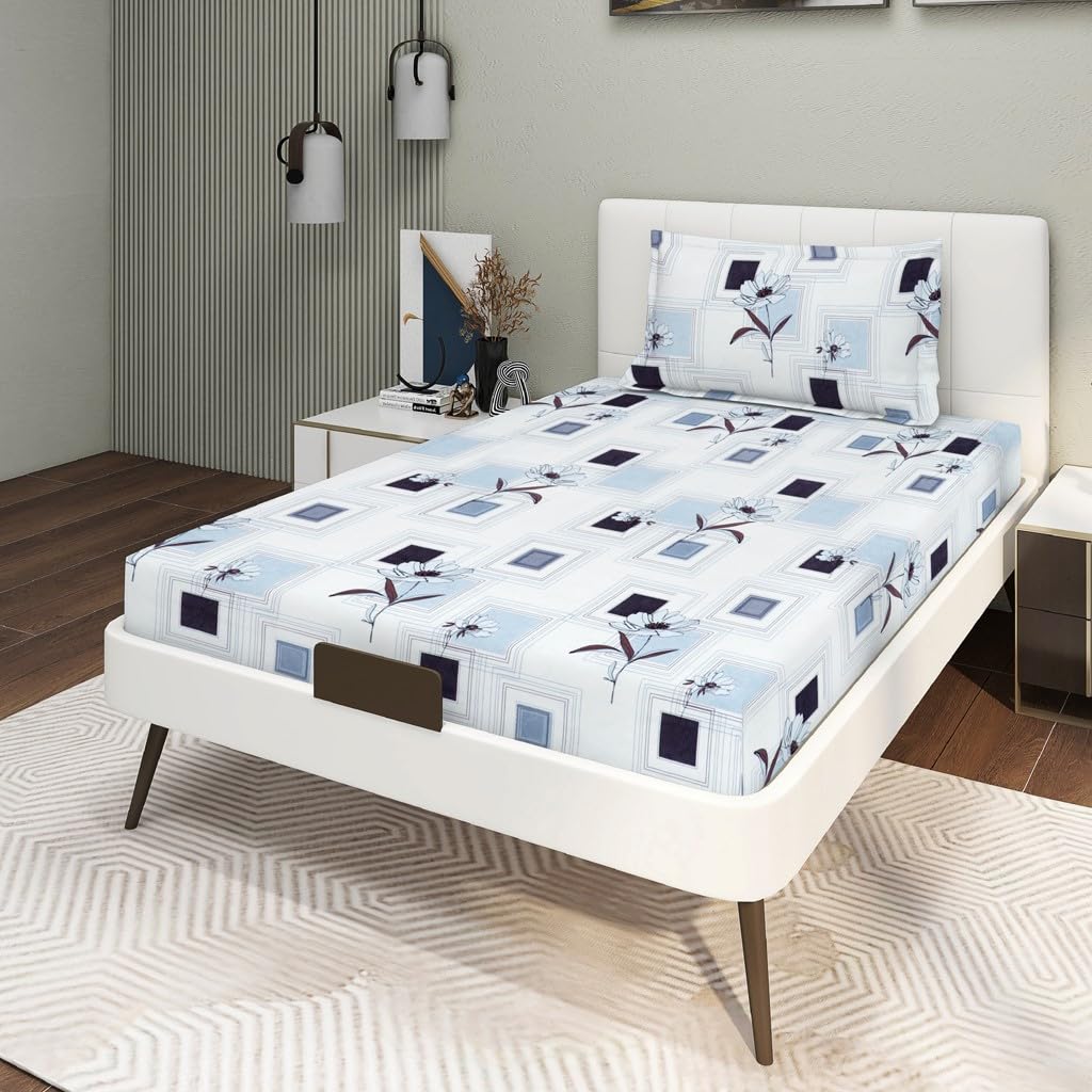 1 Single Bedsheet With 1 Pillow Cover - 60 X 90 Inches, White & Blue | All Around Elastic Fitted Bedsheets | Hand Wash Or Machine Wash Warm