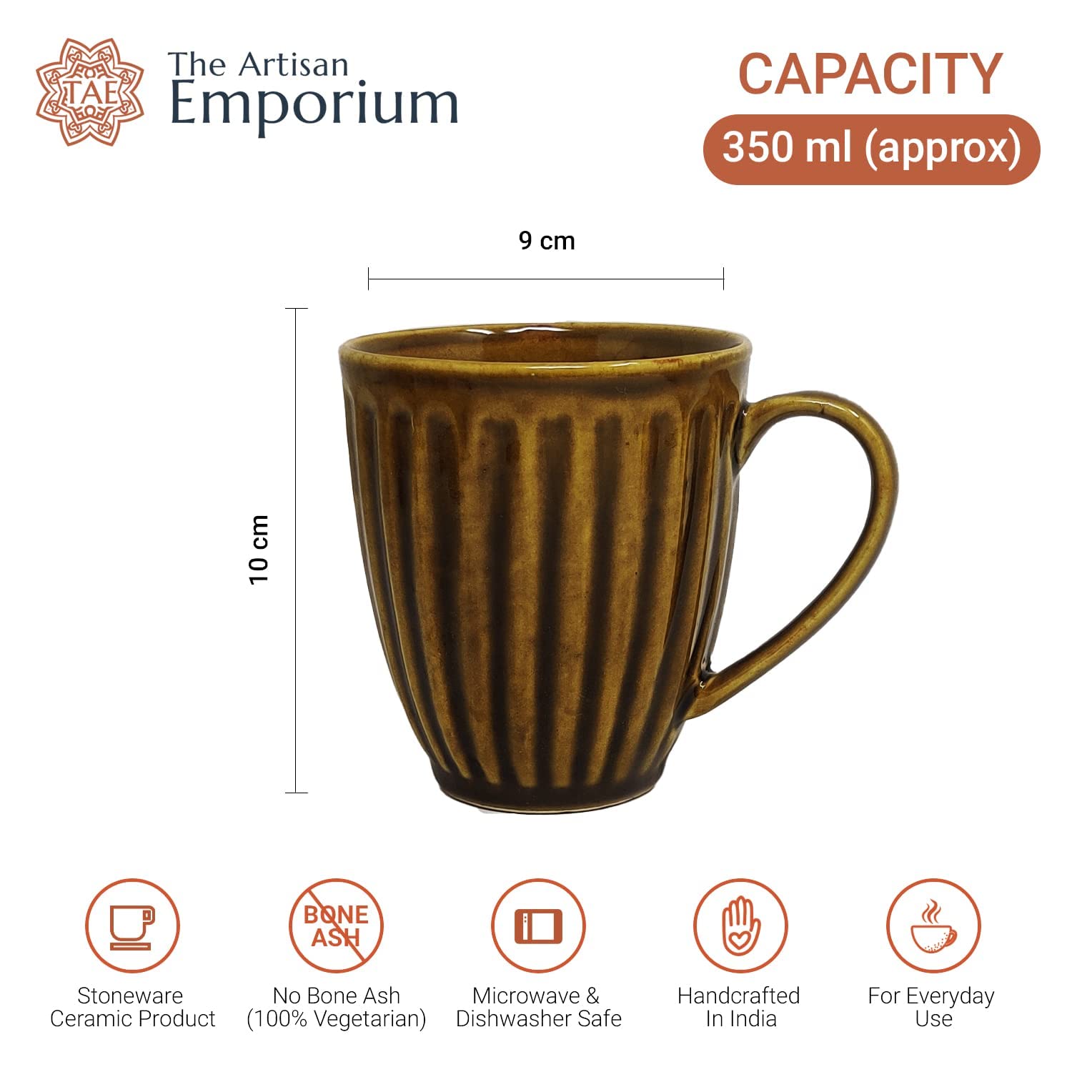 Handcrafted Rustic Tan Yellow Ceramic Coffee Mug Set Of 2 - 350ml Each | Ceramic Mugs For Coffee, Tea, Milk - Microwave Safe & Dishwasher Safe
