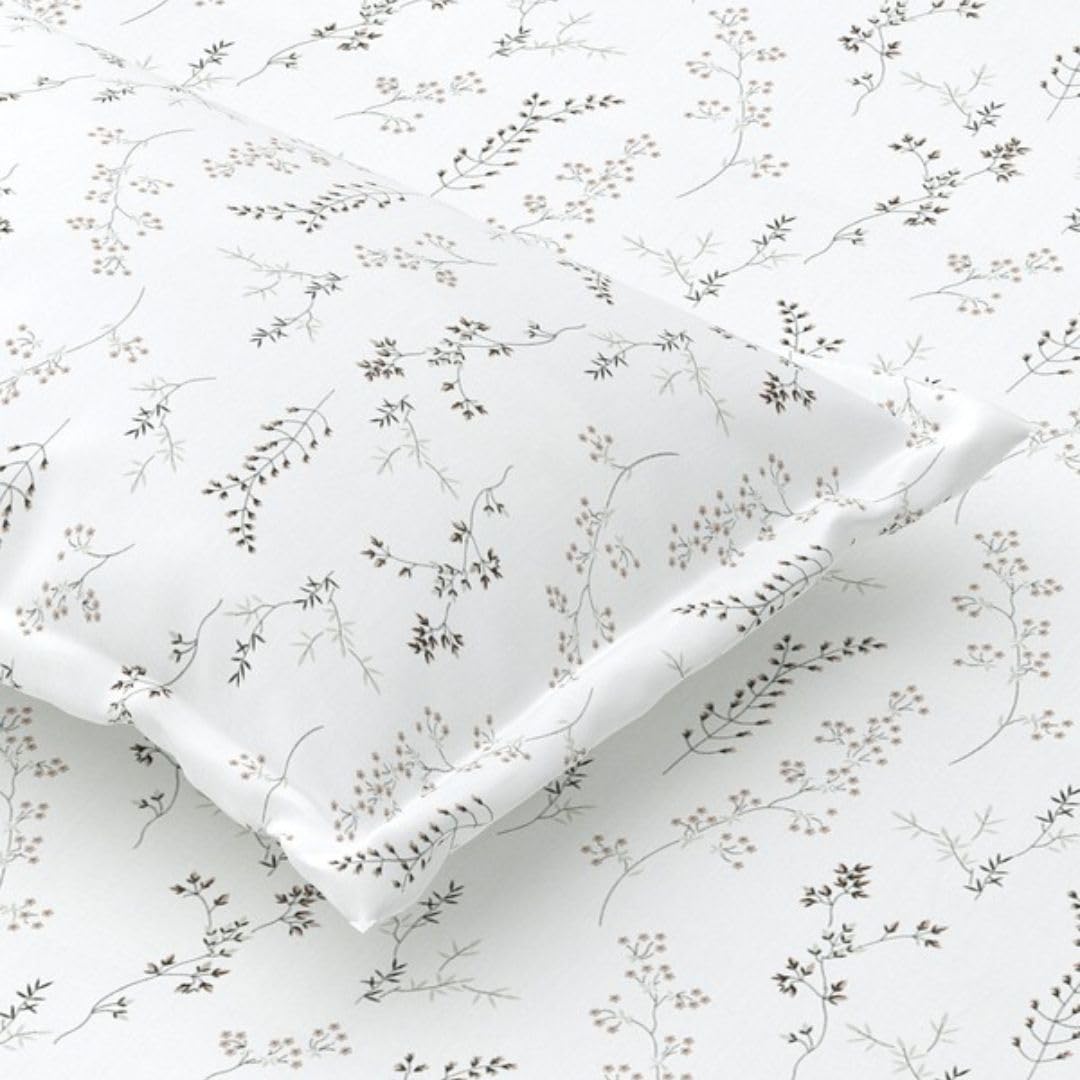 Queen Size Pure Cotton Bedsheet With 2 Pillow Covers | 90 × 100 Inches, White & Brown | Soft Breathable Floral Design Bedding | Comfortable Sleep All Year