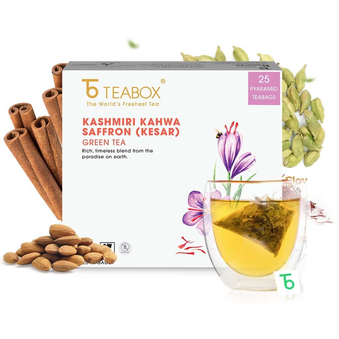 Teabox Fresh Kashmiri Kahwa Saffron (Kesar) Green Tea - 25 Pyramid Tea Bags | Green Tea Hand Blended With Natural Saffron, Almond, Cardamom & Cloves - 100% Natural Ingredients