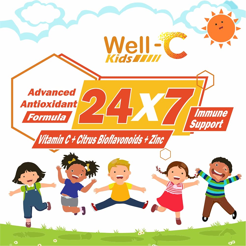 Well- C Vitamin C Tablets Immunity Booster For Kids And Zinc Supplements For Growth Strength Strong Bones Sugar Free | Orange Flavor, 60 Chewable Tablets , 100gm 0.2lbs
