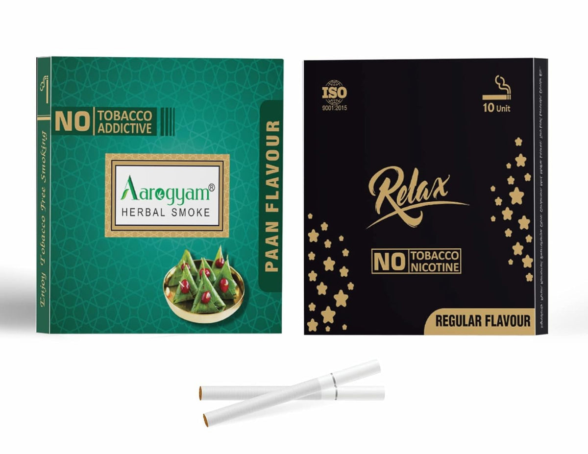 Aarogyam Herbals Pack Of 2 Flavours 100% Tobacco & Nicotine Free Cigarette For Relieve Stress & Mood Enhance Product Relax Regular, Paan - 10 Sticks X 2 Packets