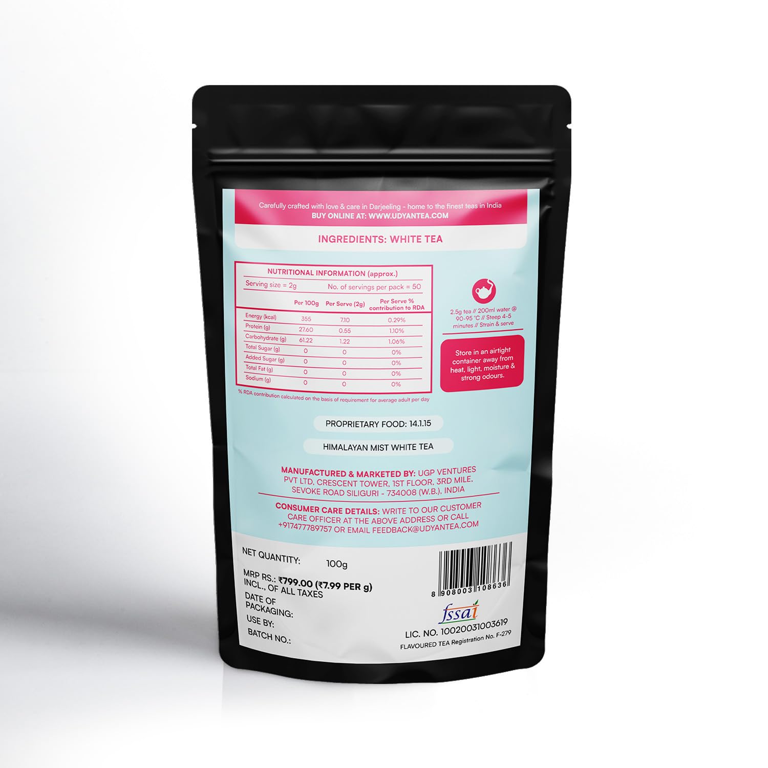 Udyan Tea Himalayan Mist White Tea - 100gm, 3.5 Ounce, 50 Cups | Fresh Loose Leaf White Tea For Healthy Skin - Handcrafted With Sweet Rose & Botanical Notes | Antioxidant Rich, Low Caffeine