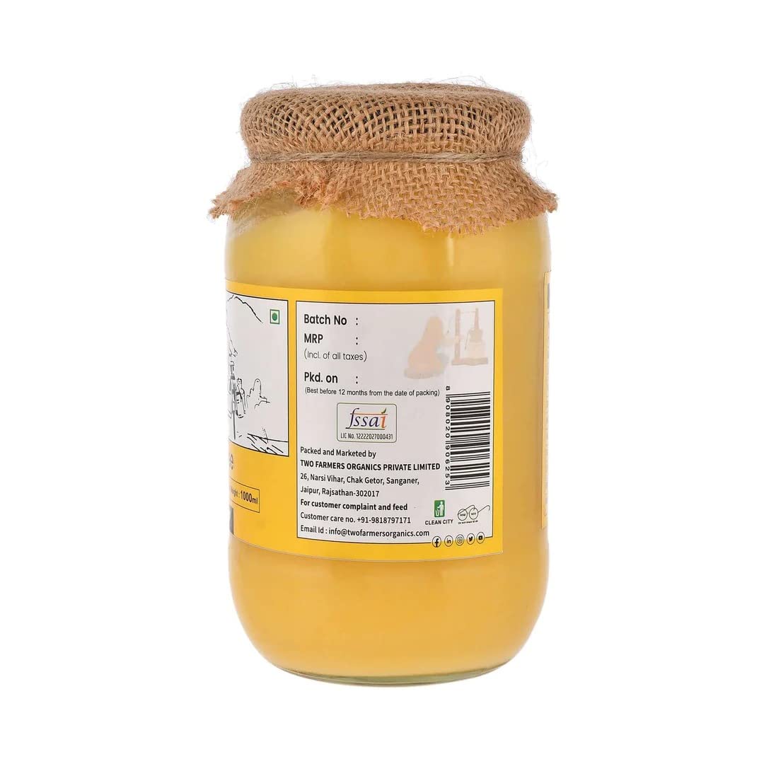 Pure Natural A2 Desi Cow Ghee By Two Farmers Organics | Rich In Vitamins A, E Healthy Desi Cow Ghee For Improves Digestion | (1Litr) 33.8 Ounce | Jar Pack
