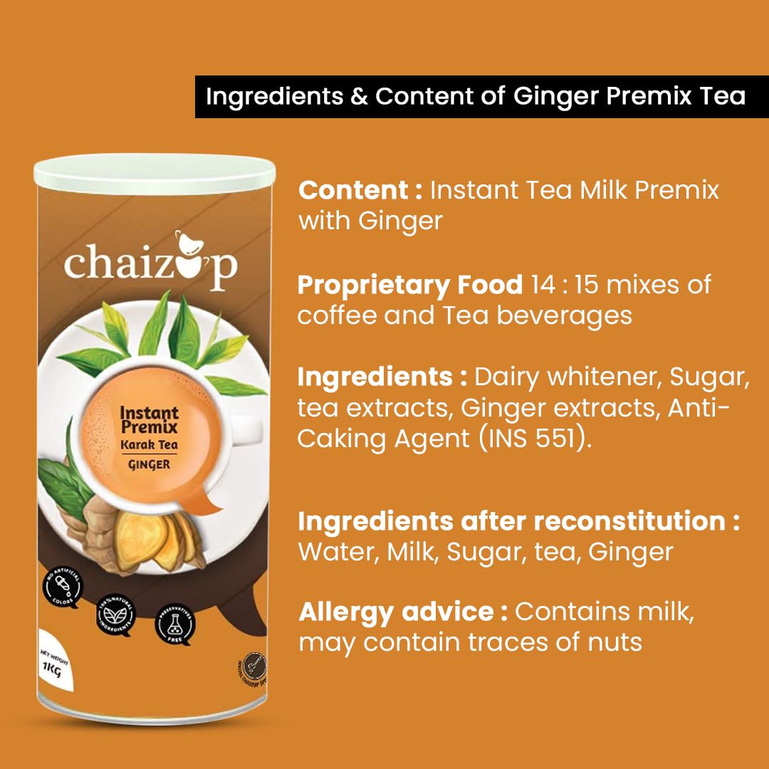 Chaizup Premium 1 Min Instant Ginger Tea Premix - 1 Kg Can, 35.2 Ounce | Just Add Hot Water - Assam Adrak Chai Powder | Low Caffeine, No Added Color - Home Like Tea