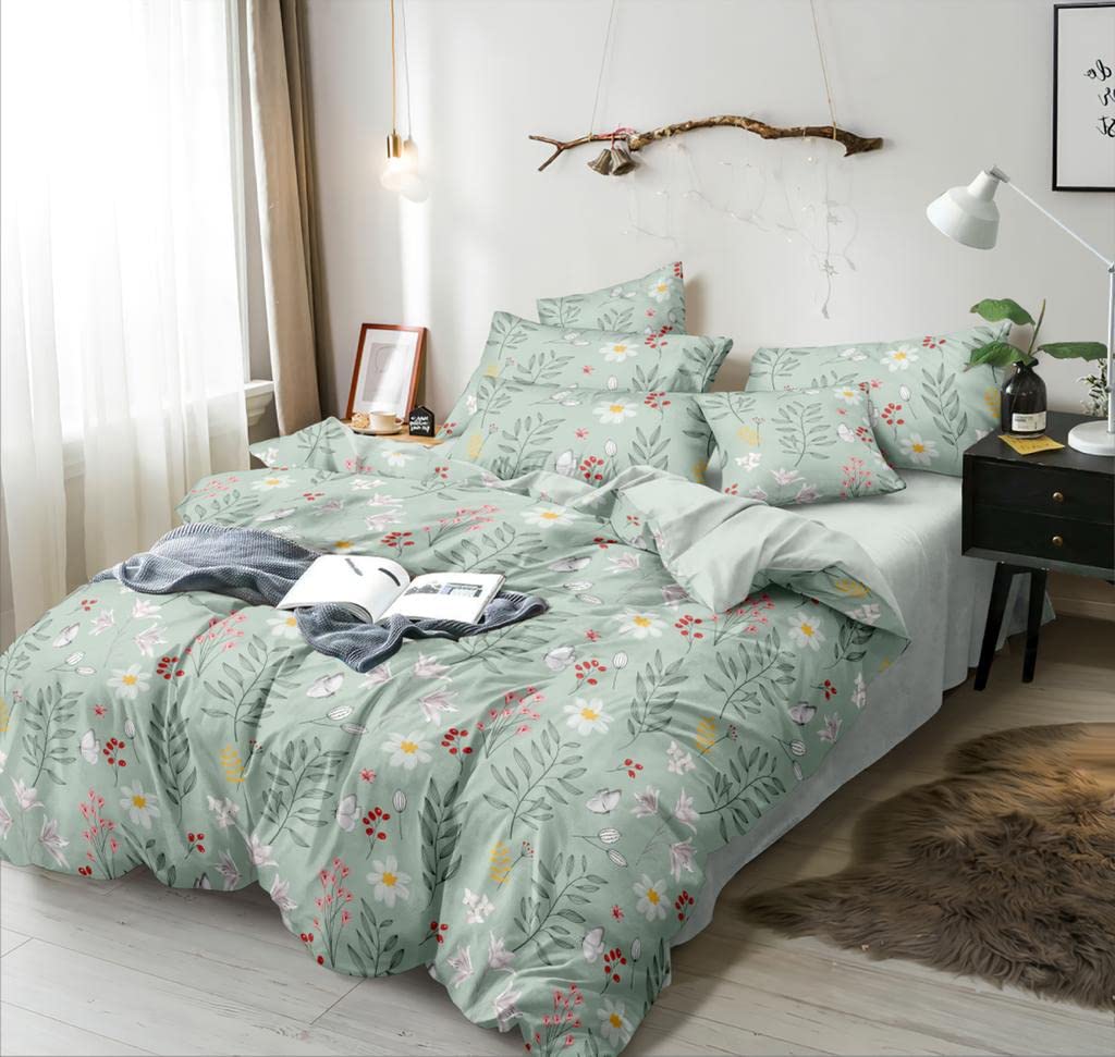 1 King Size Elastic Fitted Bedsheet With 2 Pillow Cover & Comforter - 72 X 78 Inches, Mint Green | Ideal For Hotel, Guest House, Home Bedsheet