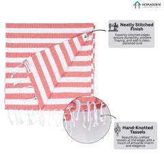 Homadorn 100% Cotton Striped Fouta Bath Towels 700 Gsm | Soft Quick Dry & Absorbent Hand-Knotted Tassels | Turkish Hamam Towel (Peach - White)- Pack Of 2