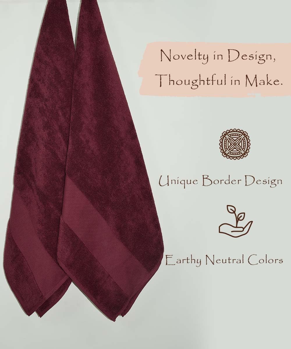 Rangoli Soft Absorbent Durable Towels Earthly Egyption Cotton Plush Luxurious Large Size Bath Towel 1000 Gsm (Maroon)- Pack Of 2